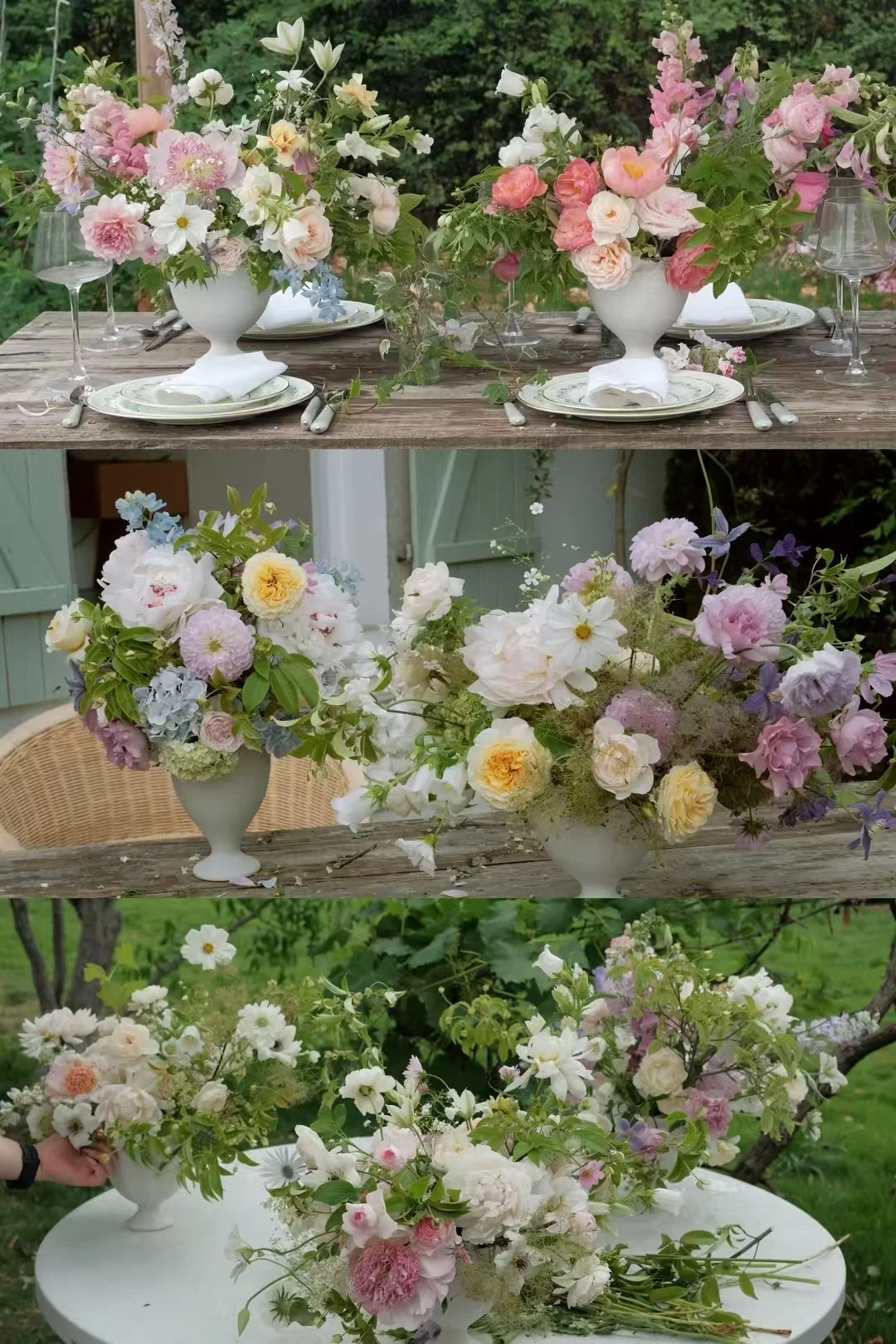 Trio of pastel garden compote arrangements in white footed vases, styled outdoors