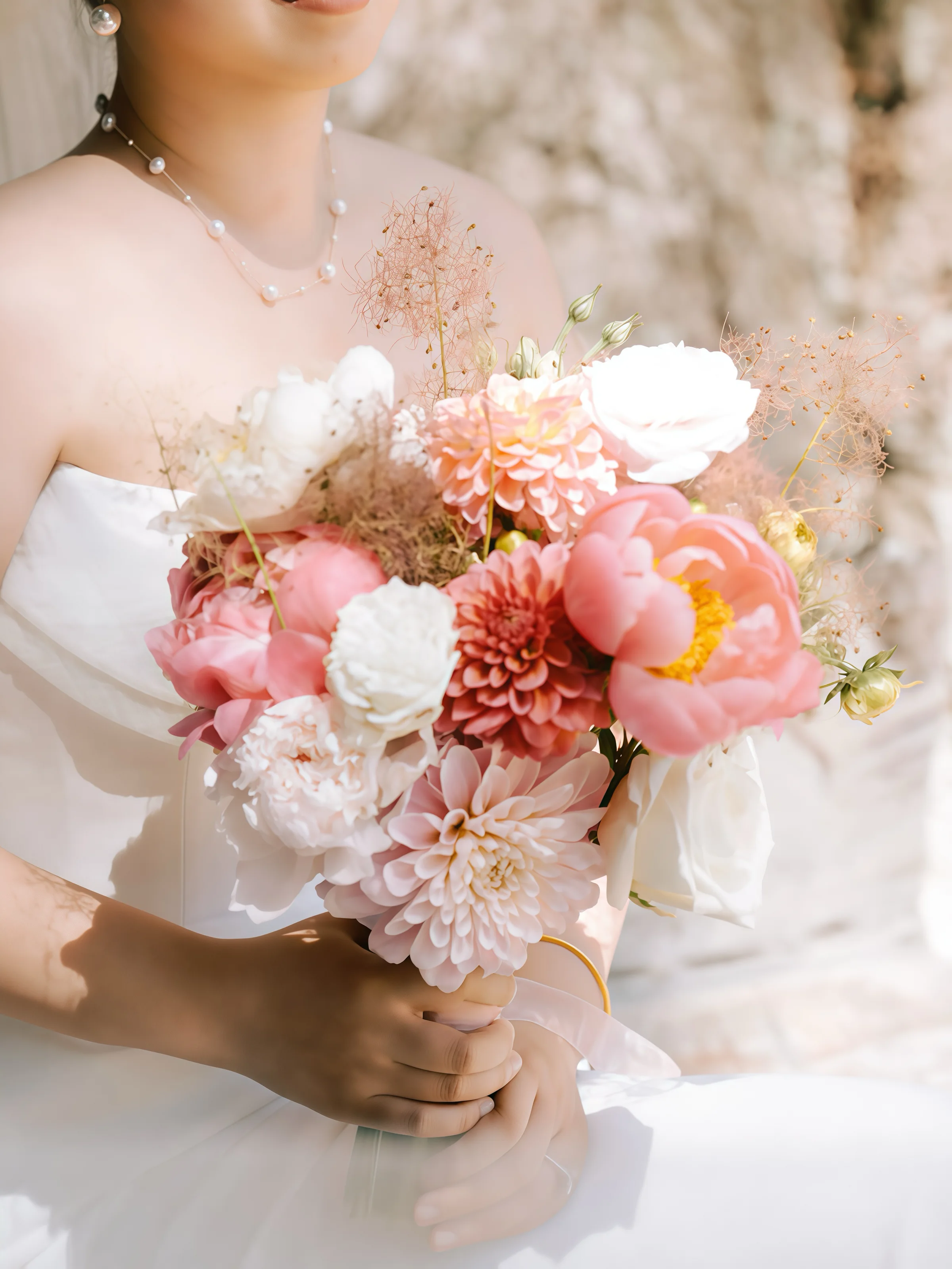 Bride holding a rounded bouquet of pink, peach, and white flowers with delicate airy accents