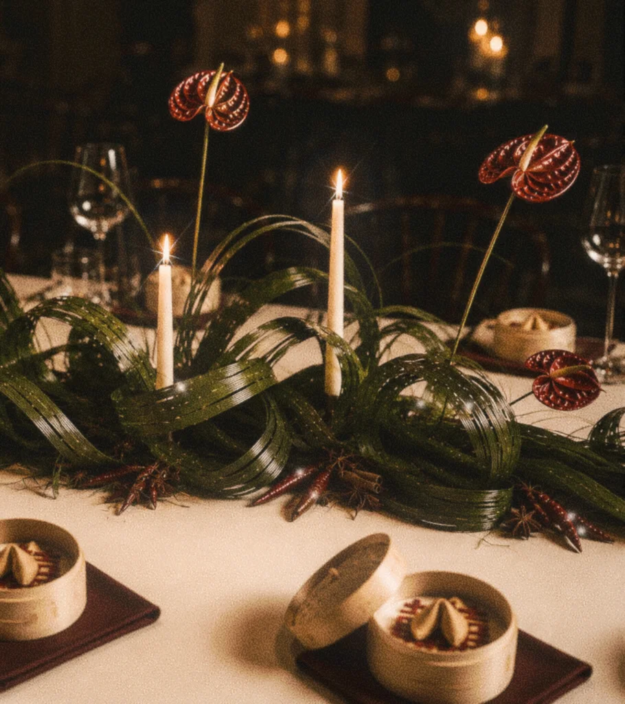 Candlelit tablescape with burgundy anthuriums, sculptural green leaves, slender taper candles, and small bamboo steamers