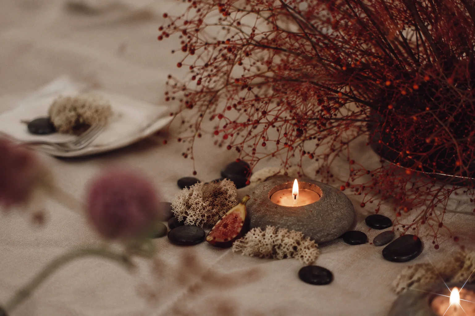 Moody close detail of candlelight, figs, preserved moss, black stones, and red berry stems on a linen table