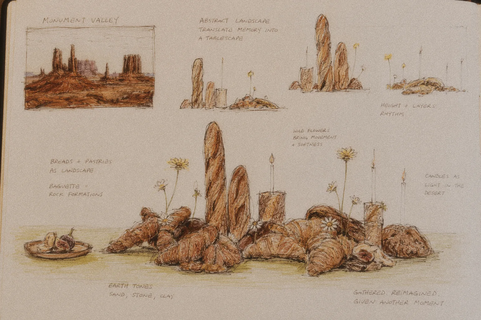 Concept sketch pairing a desert landscape reference with studies of upright bread, flowers, candles, and the complete tablescape
