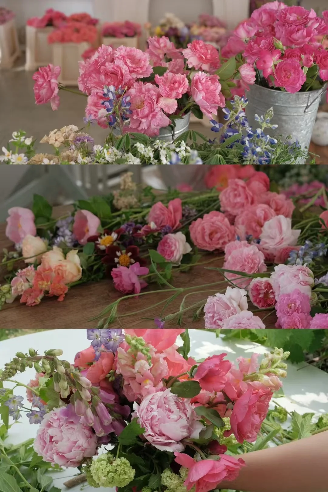 Behind-the-scenes collage of pink roses, peonies, and snapdragons in buckets and being arranged