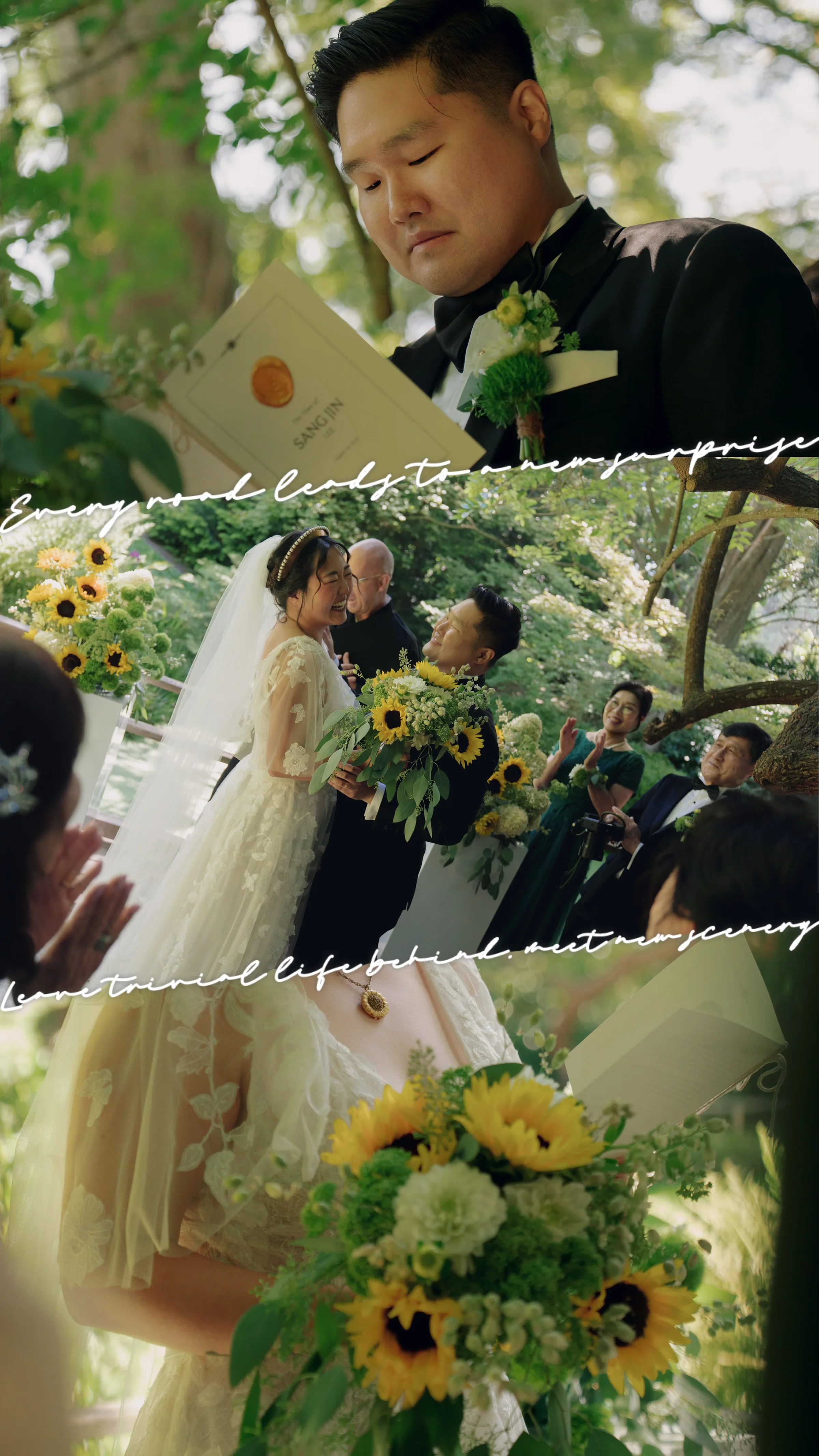 Collage of the groom reading a letter, the newlyweds at their garden ceremony, and the bride holding a sunflower bouquet.