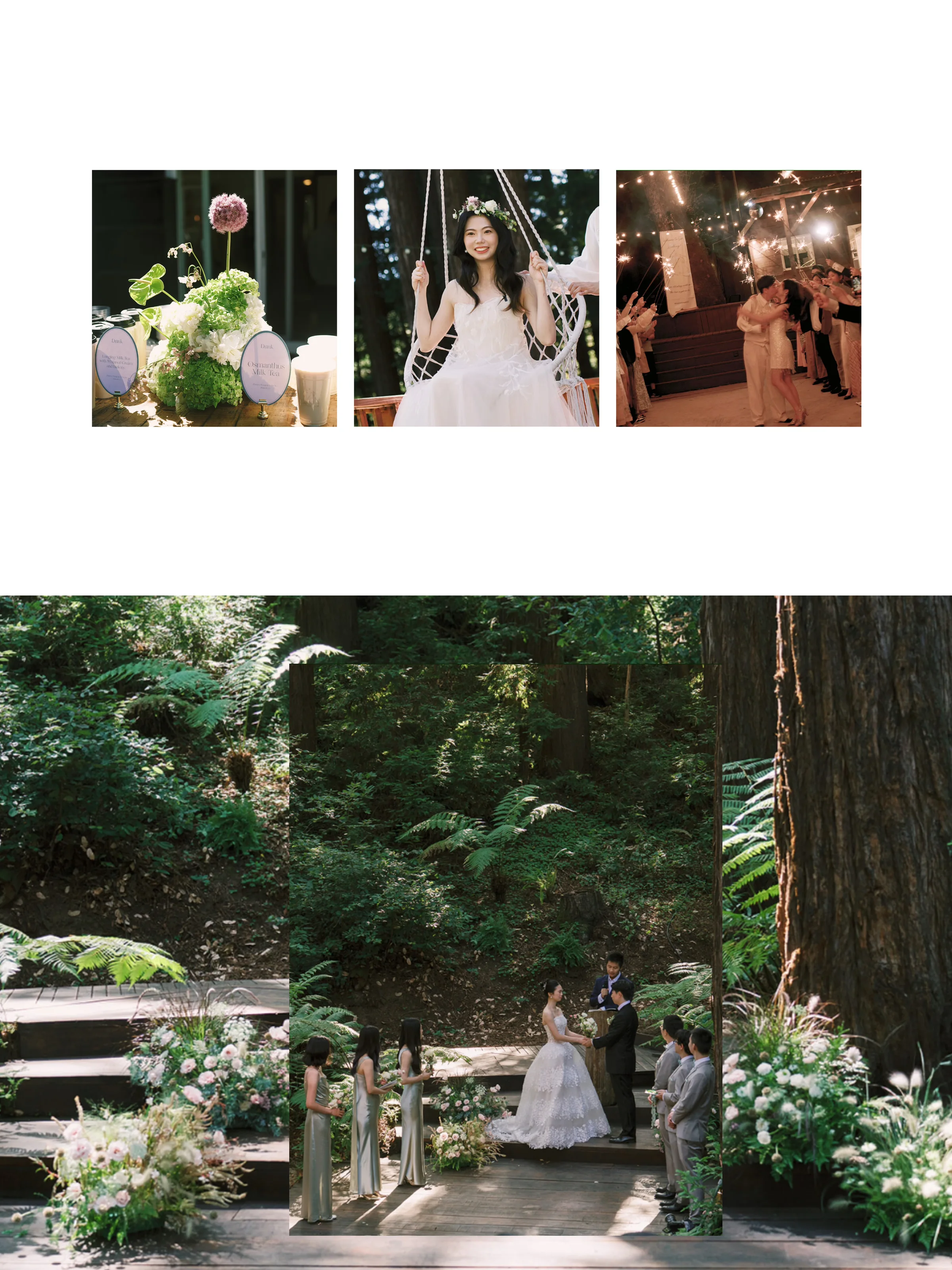 Collage of a hydrangea arrangement, the bride in a floral crown, a sparkler send-off, and the woodland ceremony framed by pastel flowers.