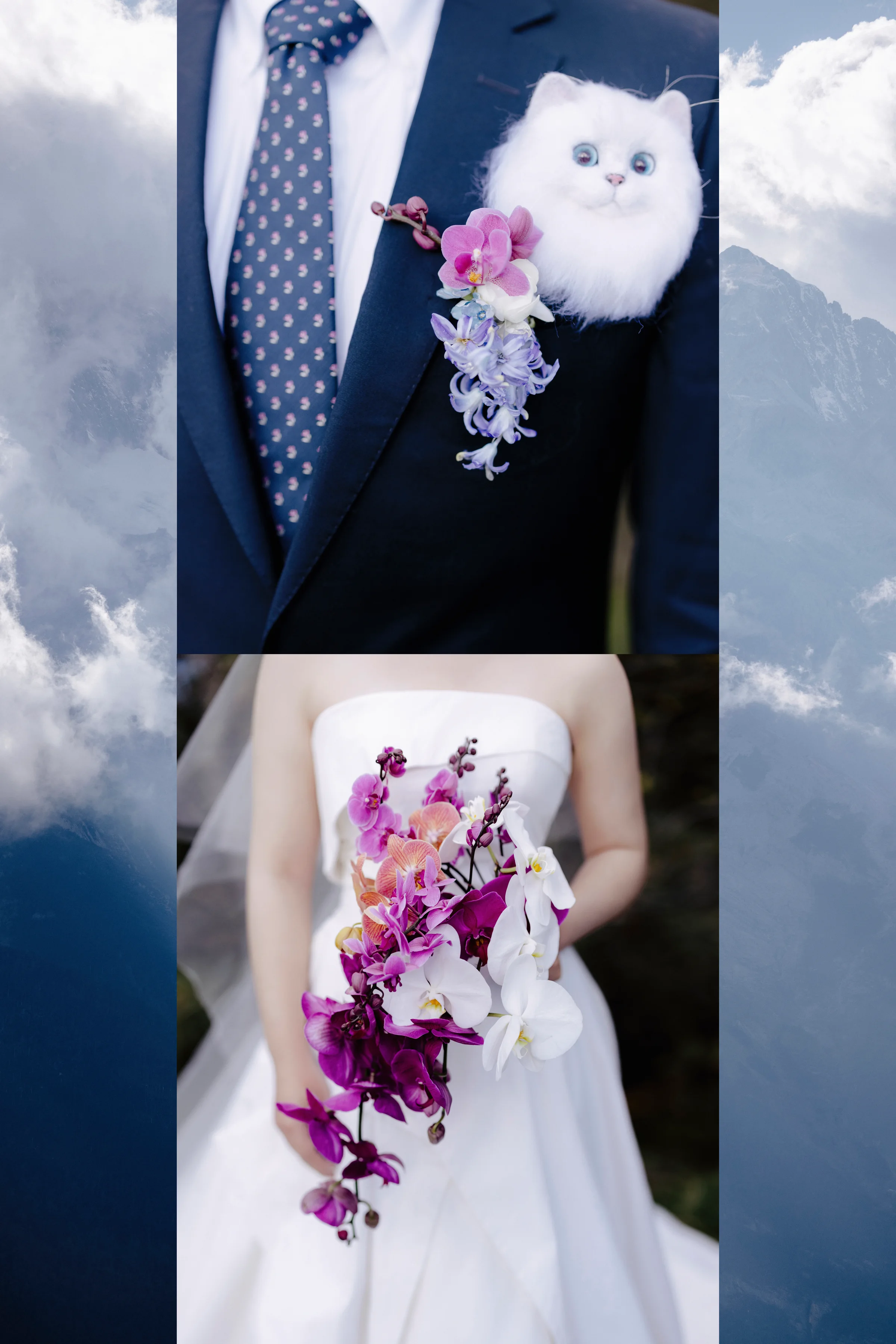 Bride in a white gown holding a cascading purple orchid bouquet beside the groom in a navy suit