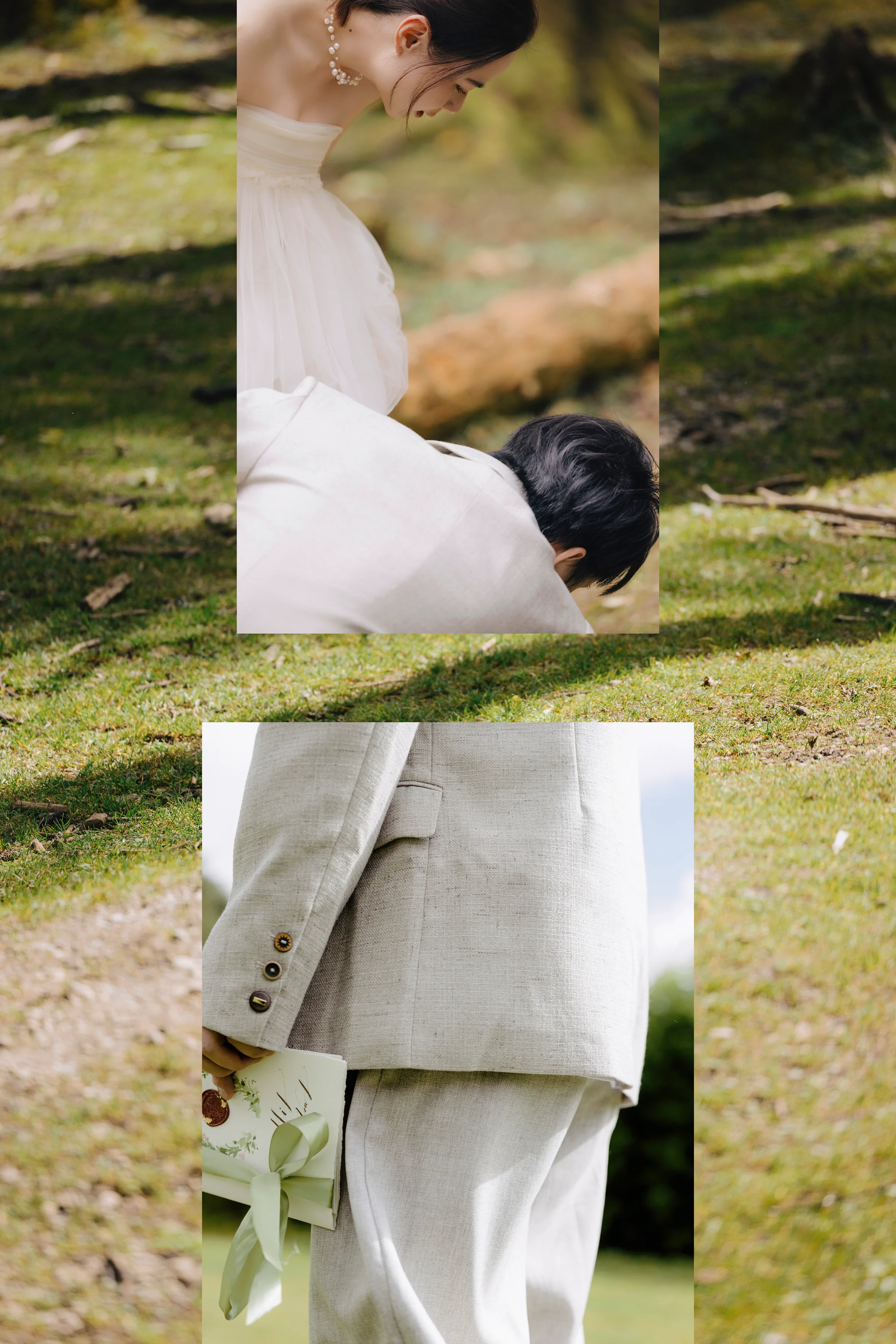 Groom crouched on a mossy forest floor in a cream suit