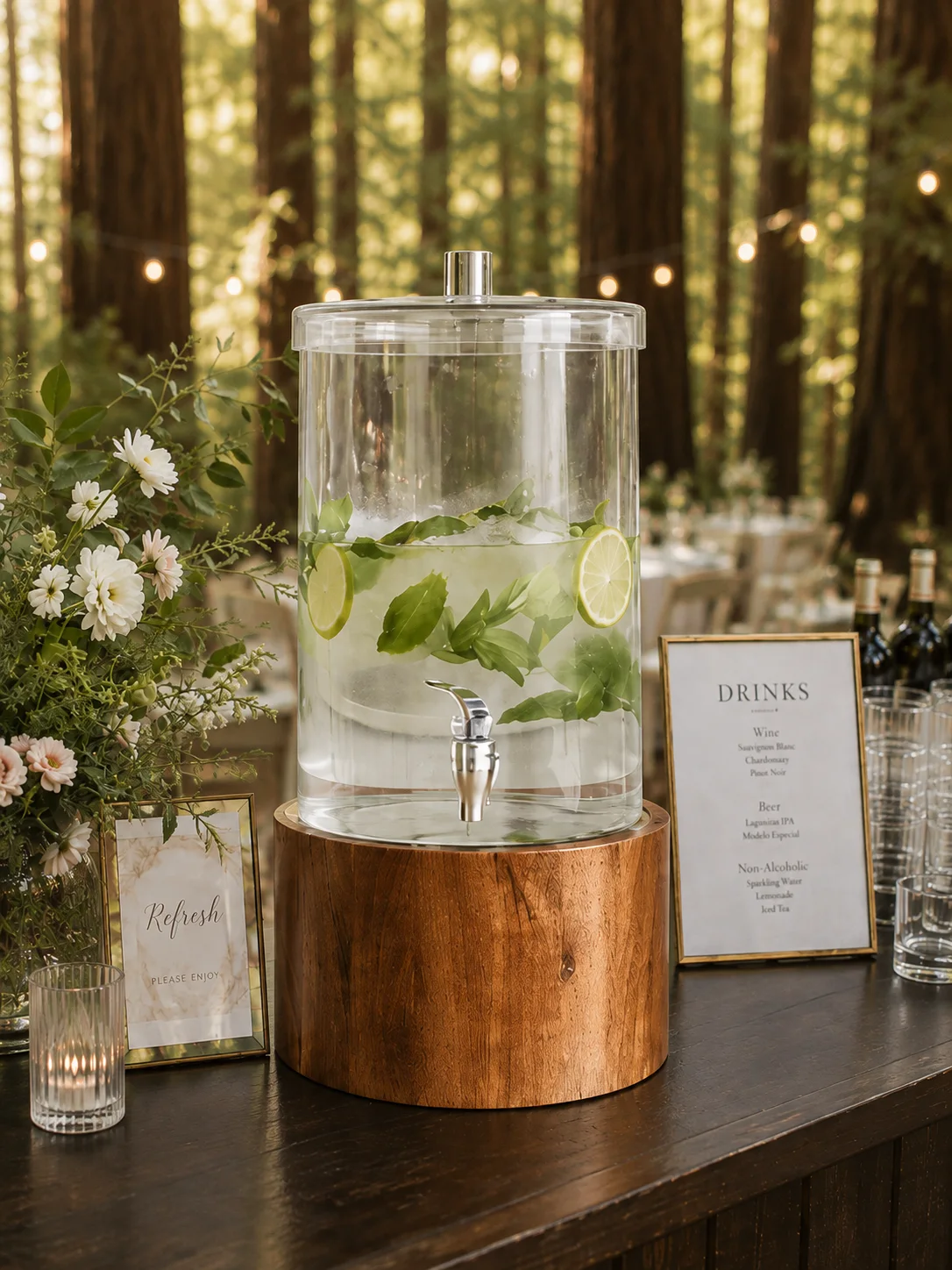 Glass beverage dispenser with wood stand